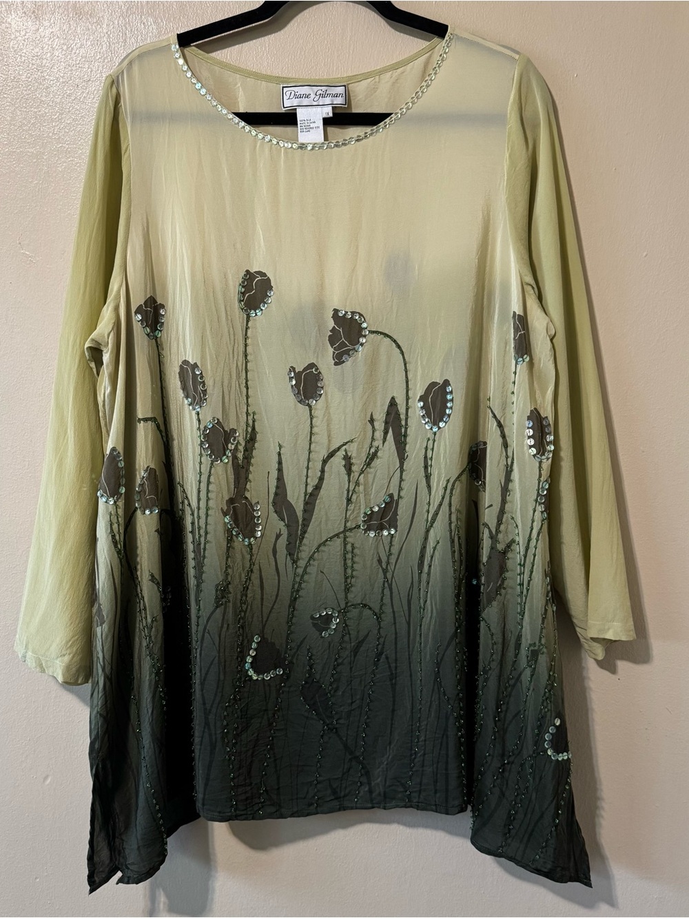 Vintage Y2K Diane Gilman plus size green ombre silk beaded flowly blouse